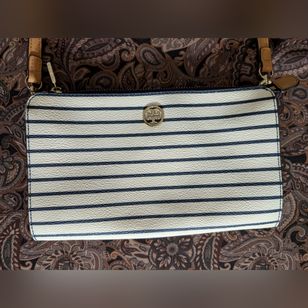 Tory Burch Navy and White Striped Crossbody Bag Cute!  In Excellent Condition!